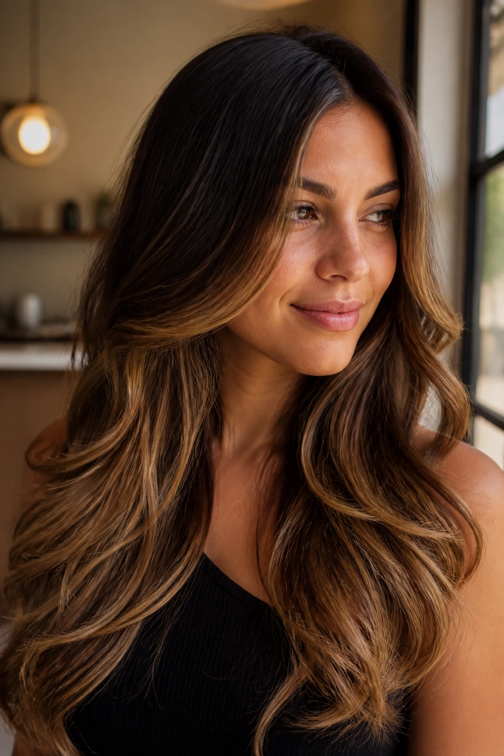 Close-up of honey mocha melt on long layered brunette hair
