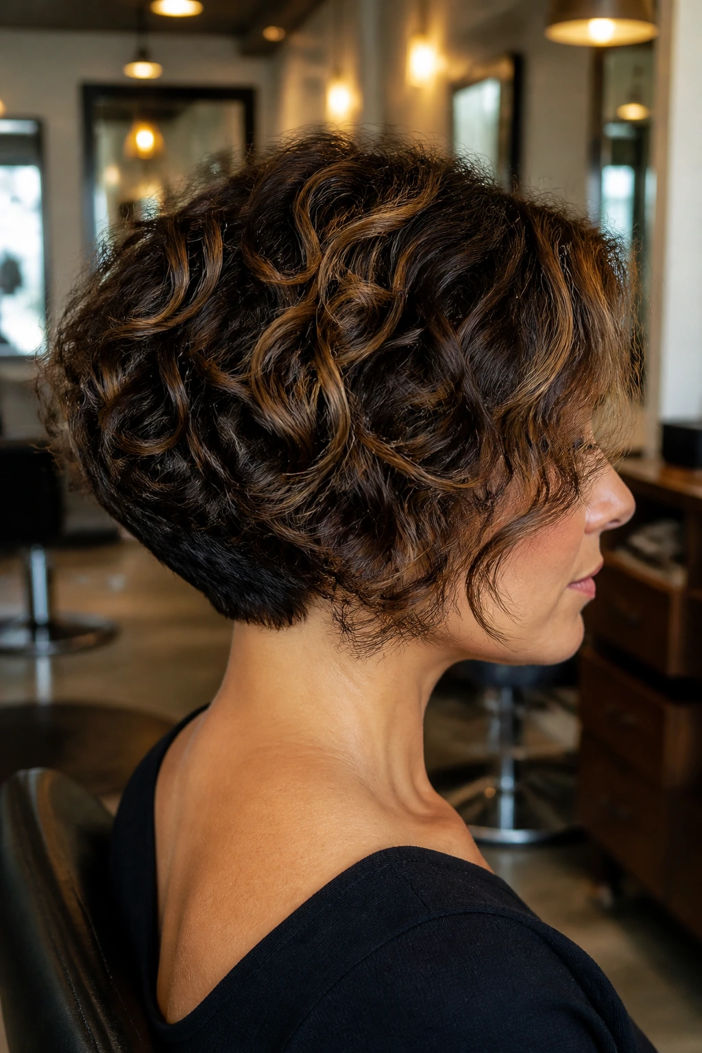Close-up of a real woman with honey-mocha nape stack curls at the back near the neck