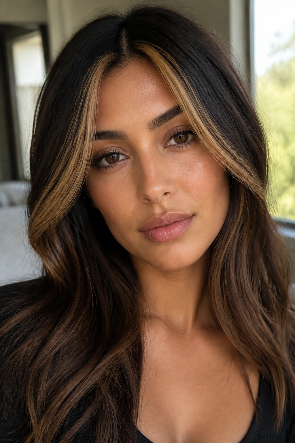 Olive-skinned person with honey money piece against deep brunette base.