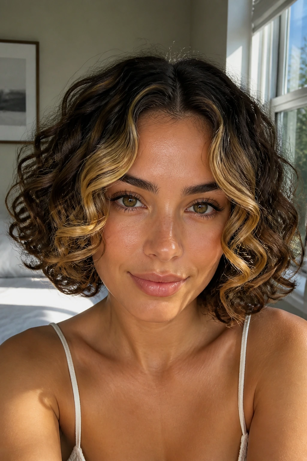 Close-up of honey-toned money-piece highlights at the front of a curly bob