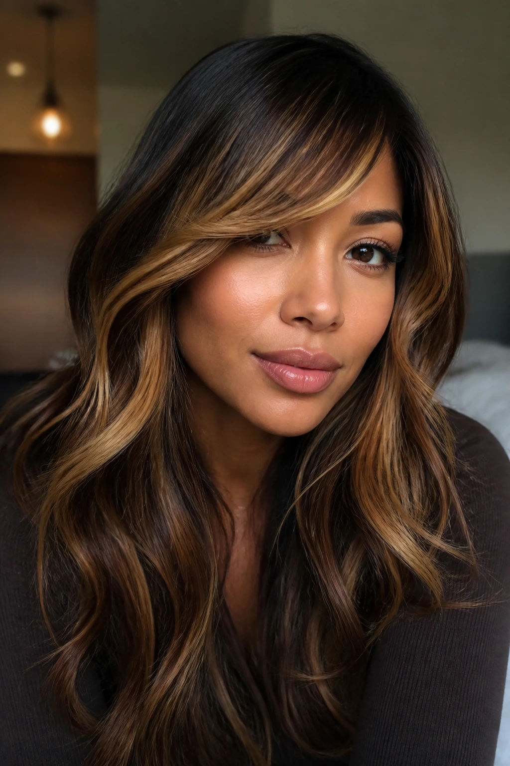 Portrait showing honey money piece front highlights with side-swept bangs