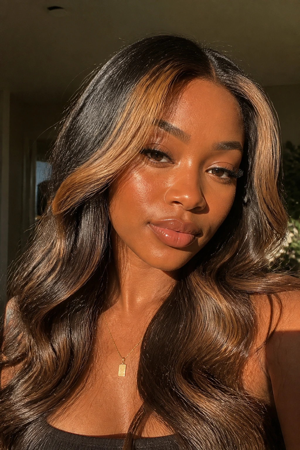 Portrait with honey money piece glow framing the face