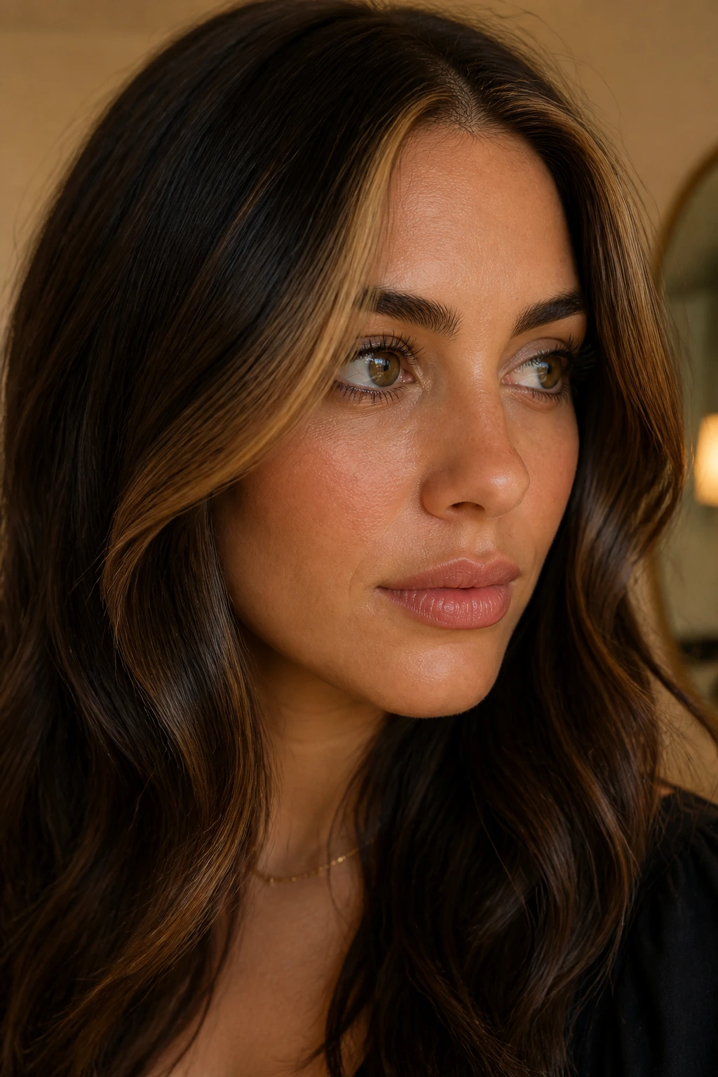 Portrait showing a warm honey money piece on dark mocha hair near the front