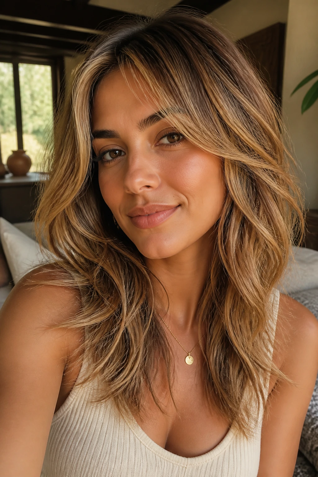 Close-up of a real woman with honey money-piece shag on olive skin.