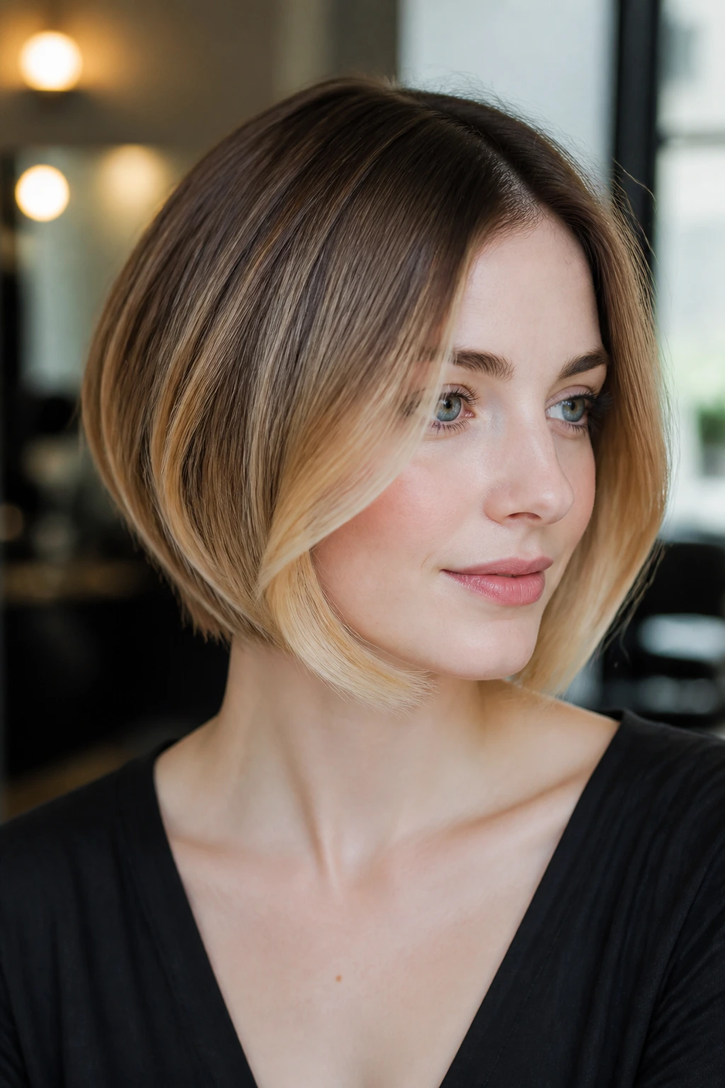 Portrait of woman with honey ombre bob curving along the jawline