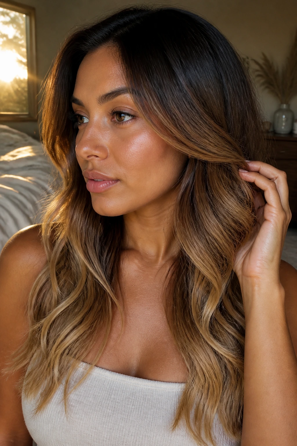 Real woman with honey ombre starting below the cheekbone on tan skin