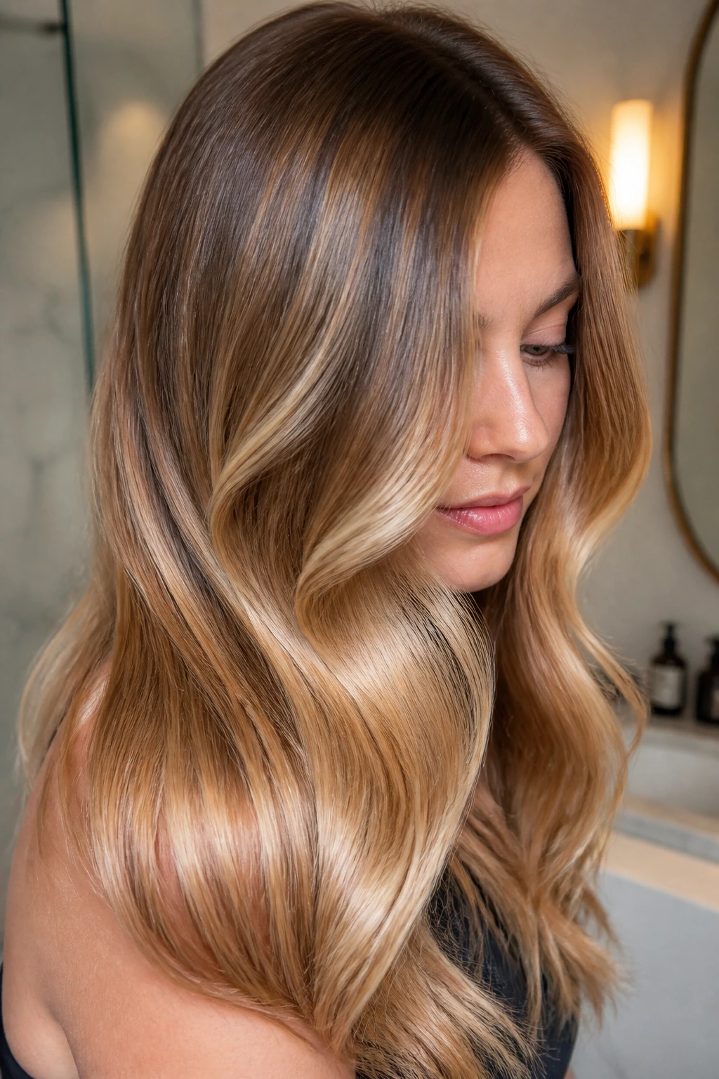 Real person with glossy honey ombre hair under warm light