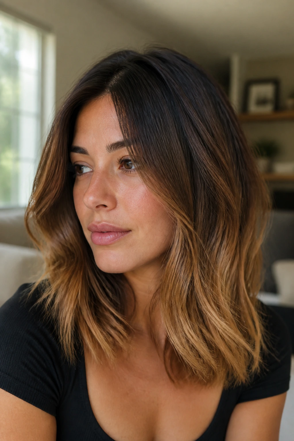 Close-up portrait of brunette with honey ombre hair fading from dark roots to warm honey ends