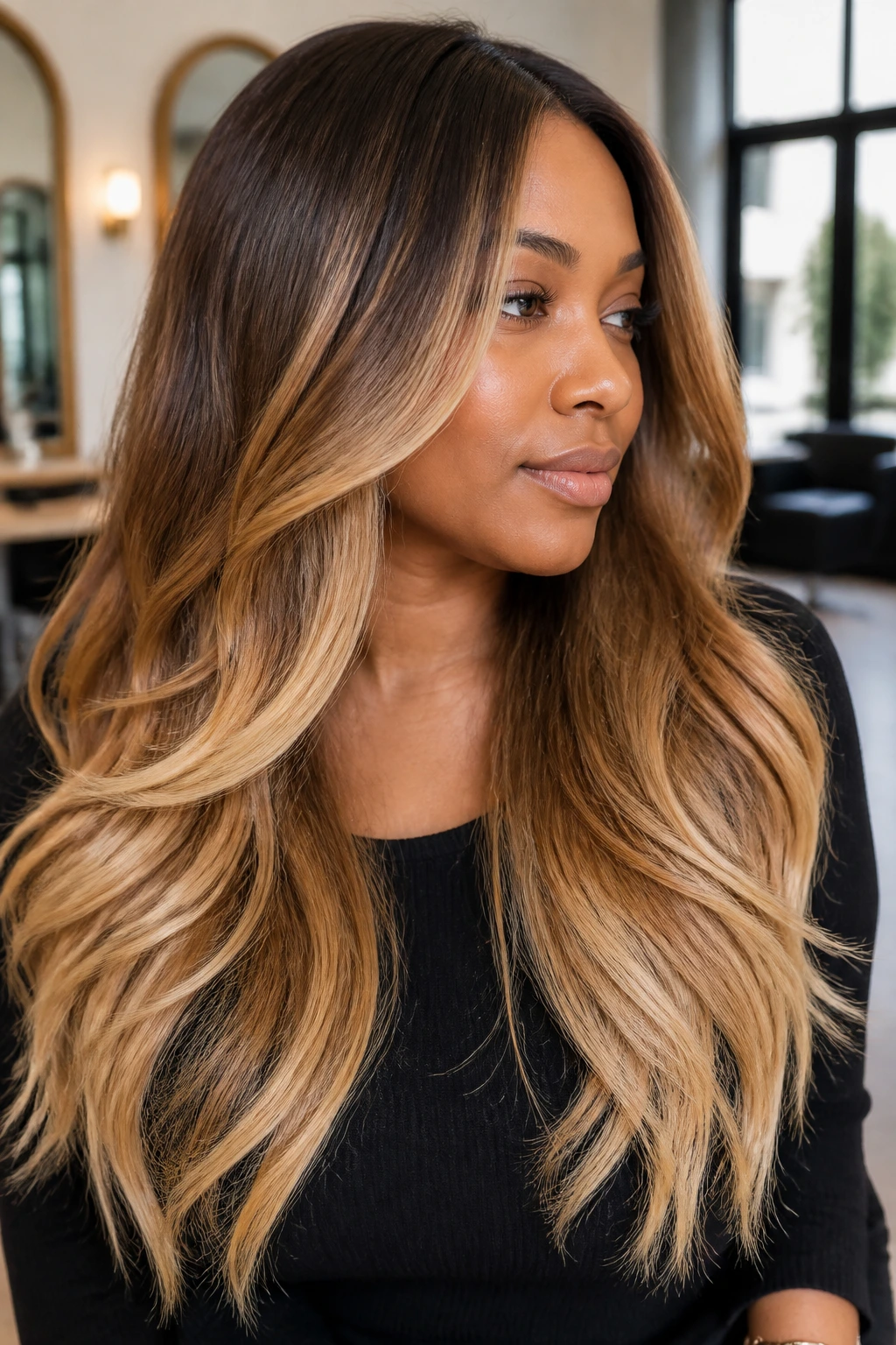 Close-up of a woman with long, layered honey ombré hair from dark roots to light ends.