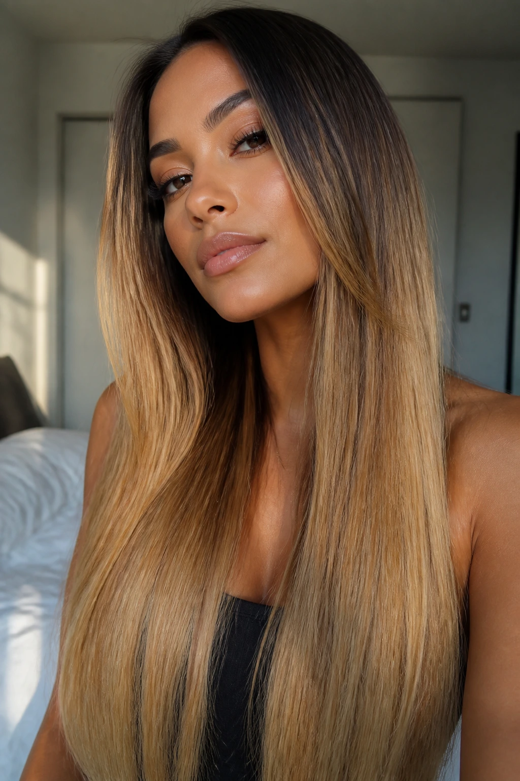 Close-up of a real woman's long straight hair with melted honey ombré on tan skin
