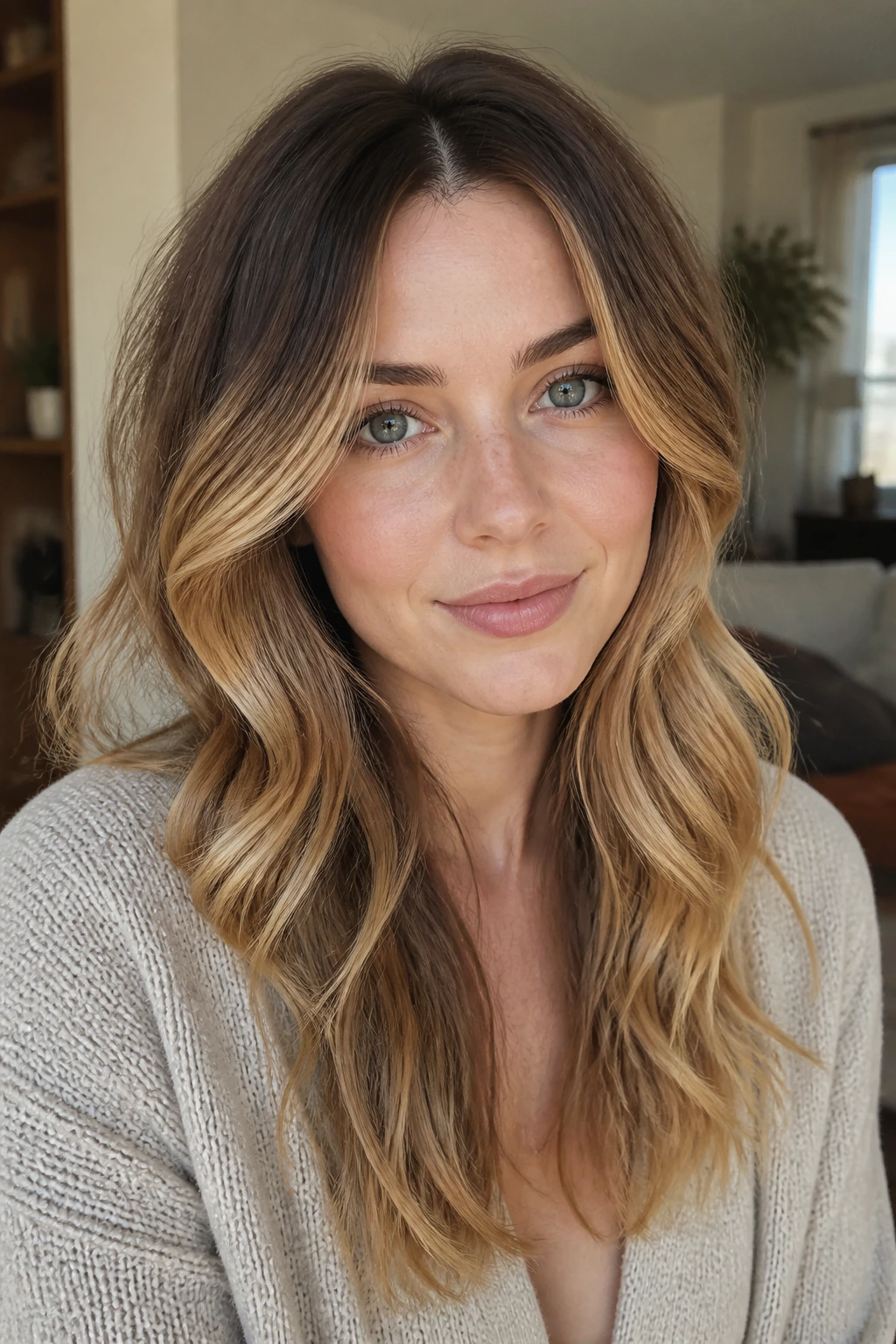 Close-up portrait of a real woman with pale skin and a heart-shaped face, displaying honey ombre hair with a darker root.