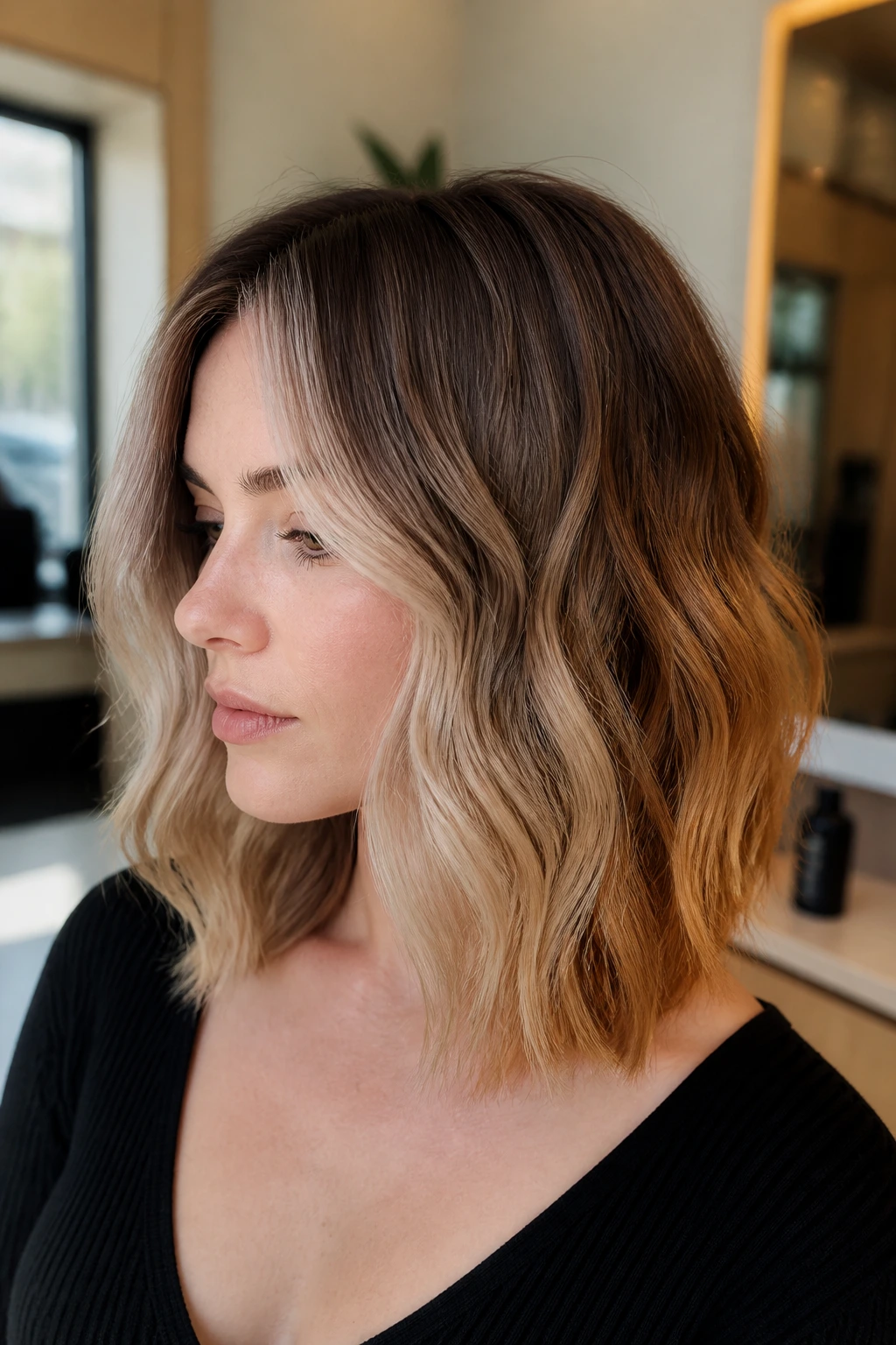 Close-up portrait of a real person with cool beige-forward, warm amber, and neutral honey ombre hair variations