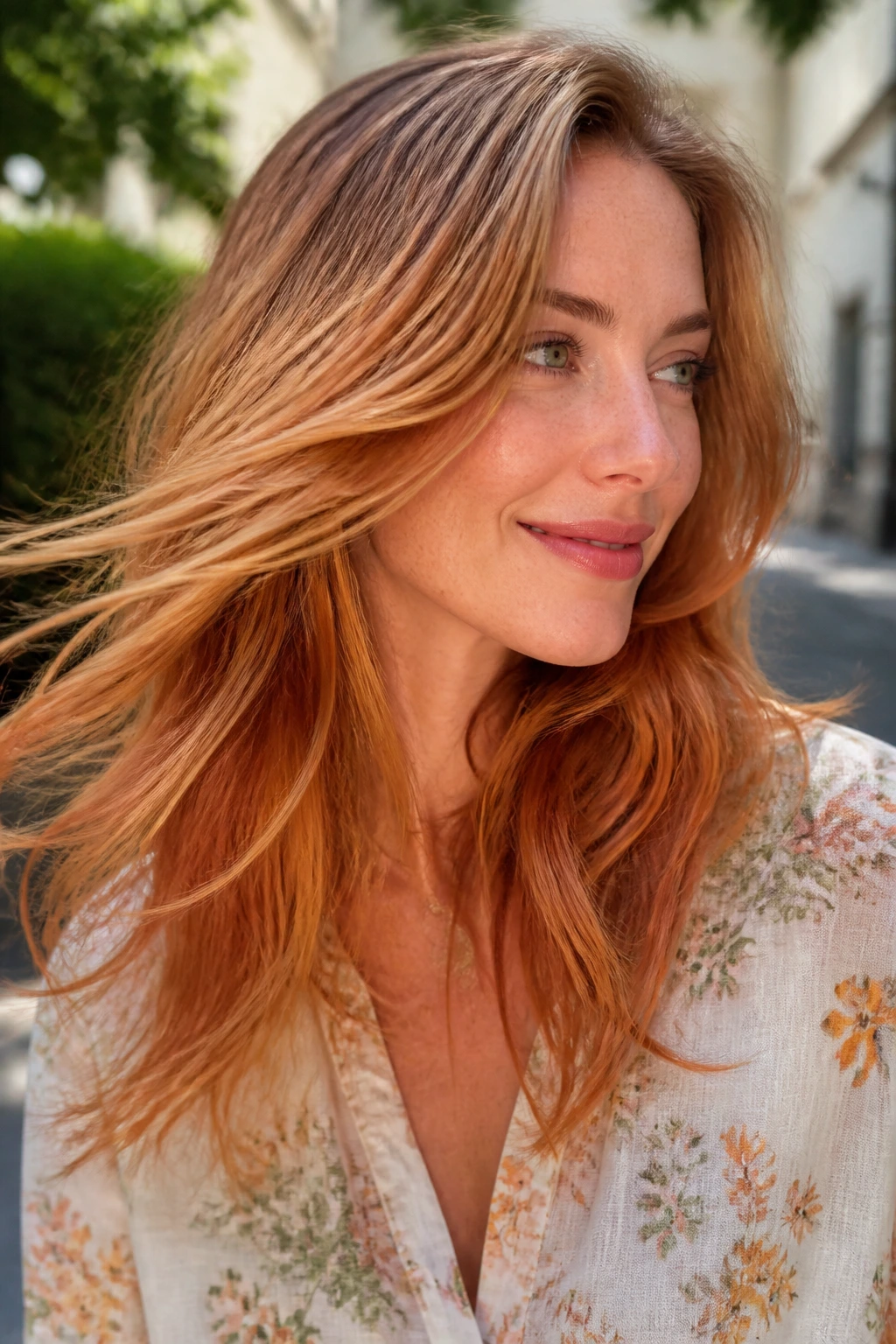 Portrait of a woman with honey to copper gradient hair
