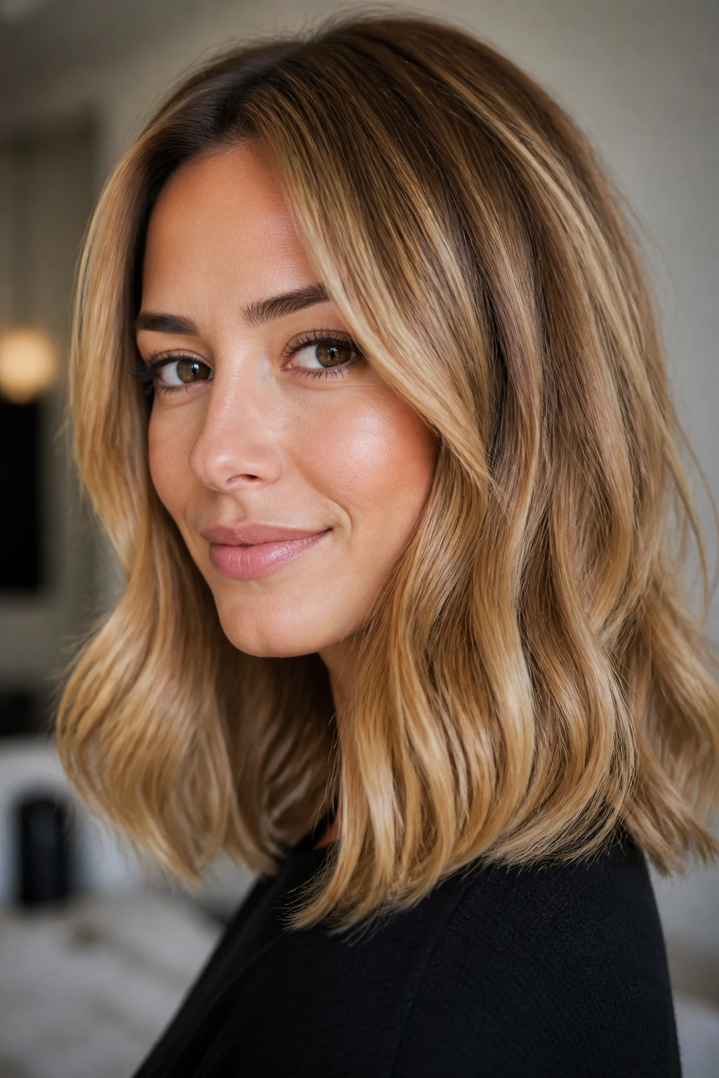 Portrait of a real woman with warm honey blonde hair in a soft-lit interior