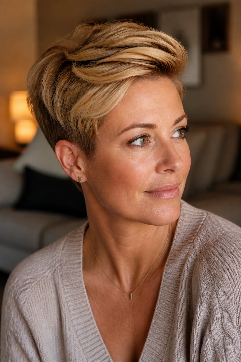 Real woman with honey-toned pixie top in warm indoor light