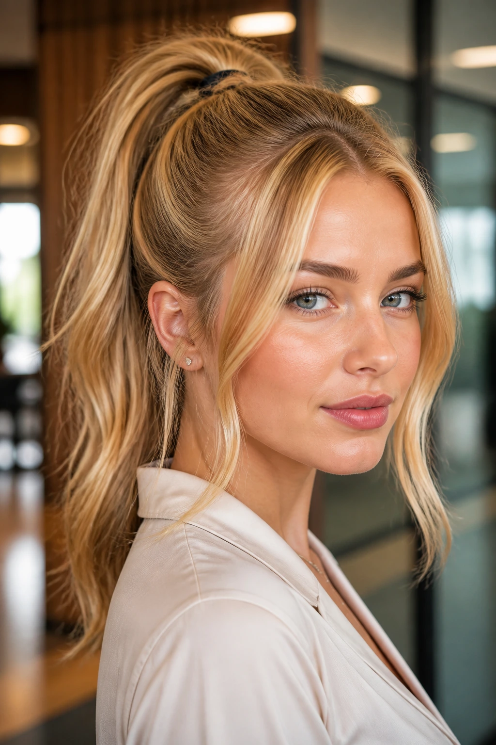 Close-up of a real woman with a honey-glossed ponytail and face-framing pieces.