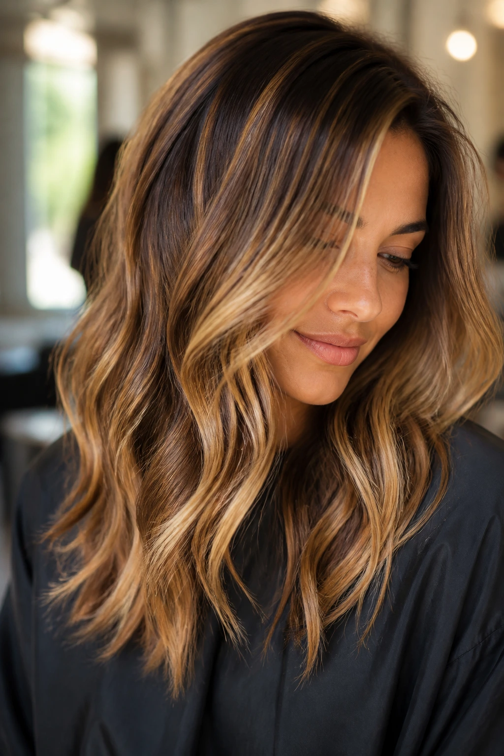 Close-up of honey ribbon balayage on waves on a real model
