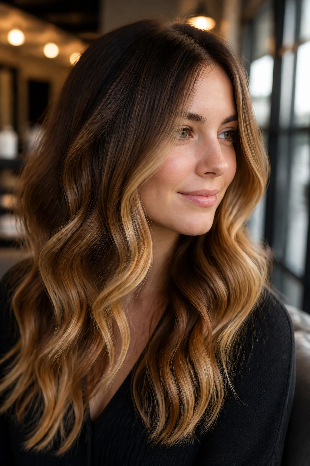 Close-up of real woman's hair with honey ribbon balayage framing the lower face