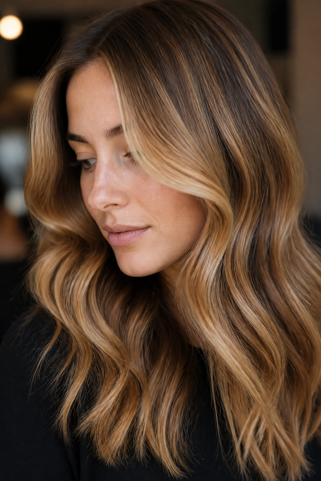 Close-up portrait of a person with honey ribbon balayage in blonde hair.