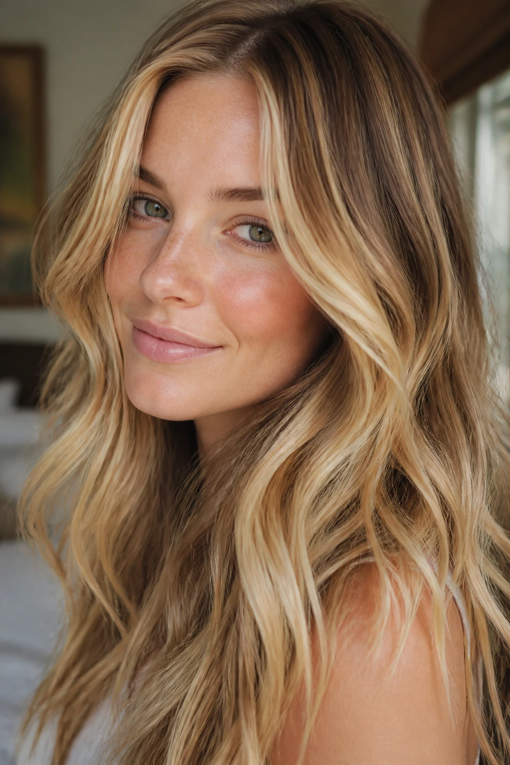 Close-up portrait of a real woman with honey ribbon blonde hair weaving warm ribbons through soft waves.