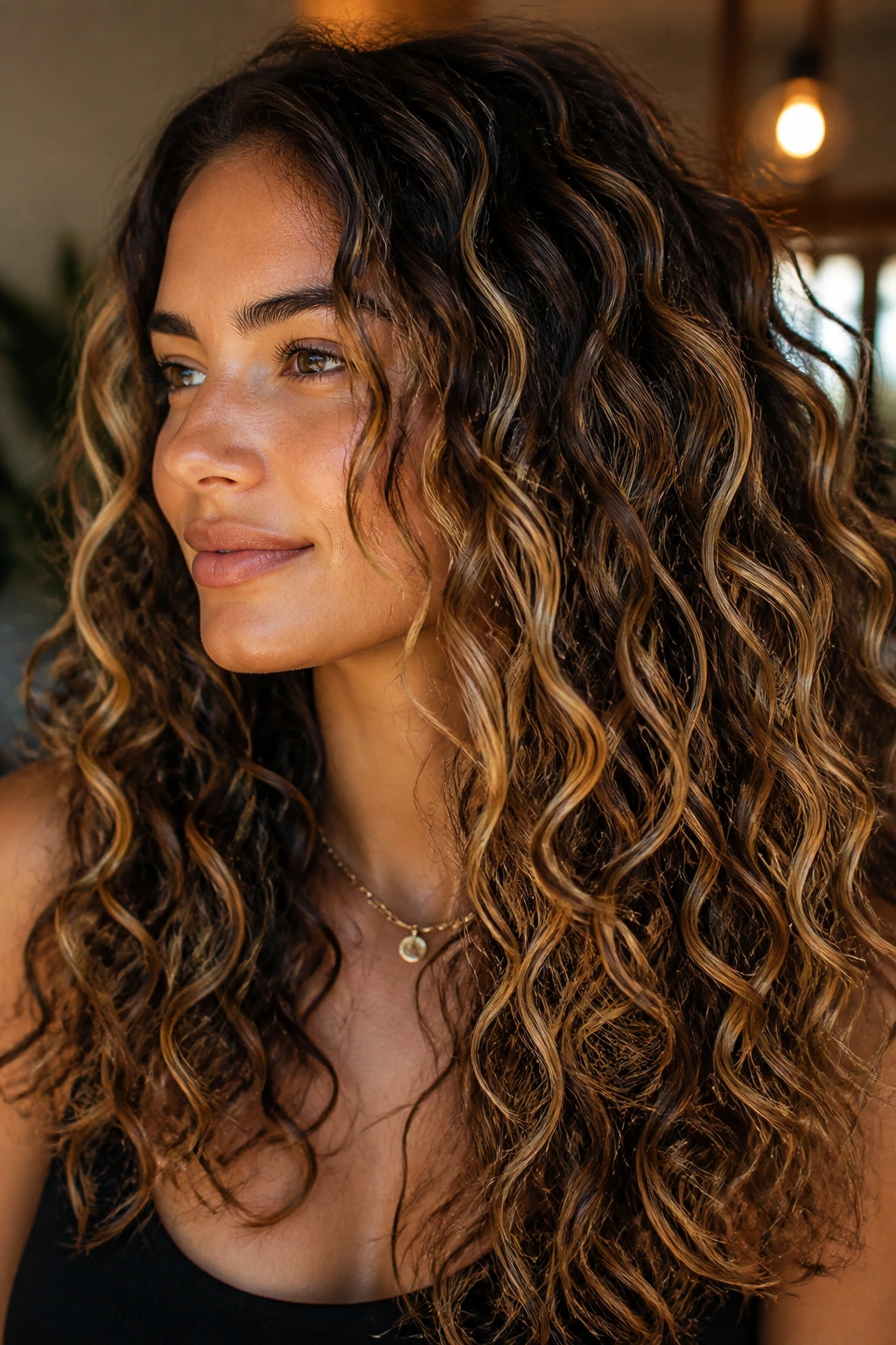 Close-up of a real person with honey ribbon curls on tan skin