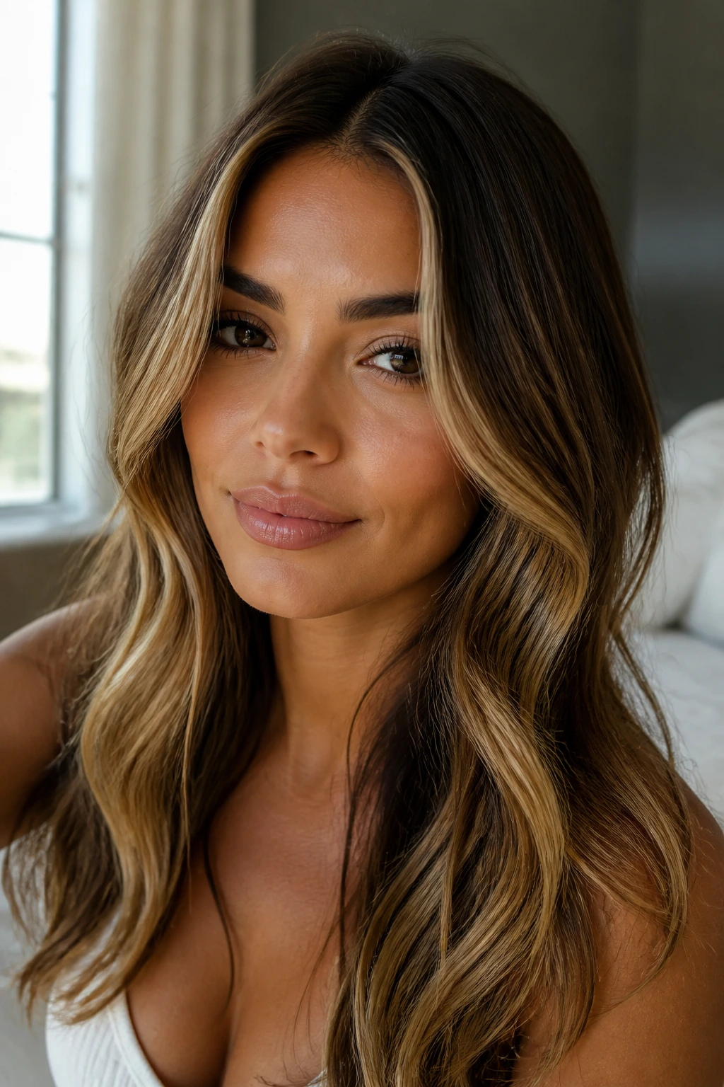 Close-up of hair with honey ribbon face frame around cheeks on a real person.