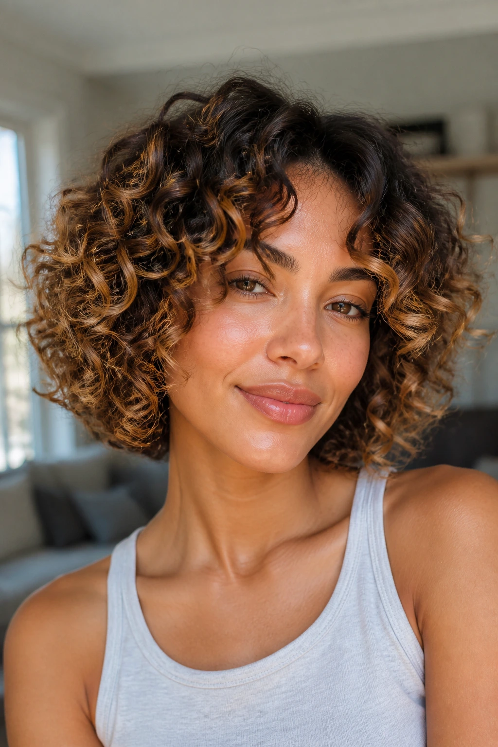 Close-up of a woman with a curly bob and honey-toned ribbon highlights around the face