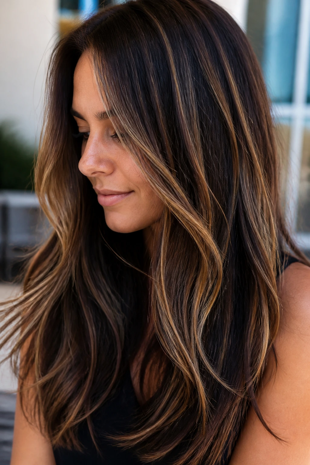 Long brunette with honey ribbons highlighted along the strands catching light