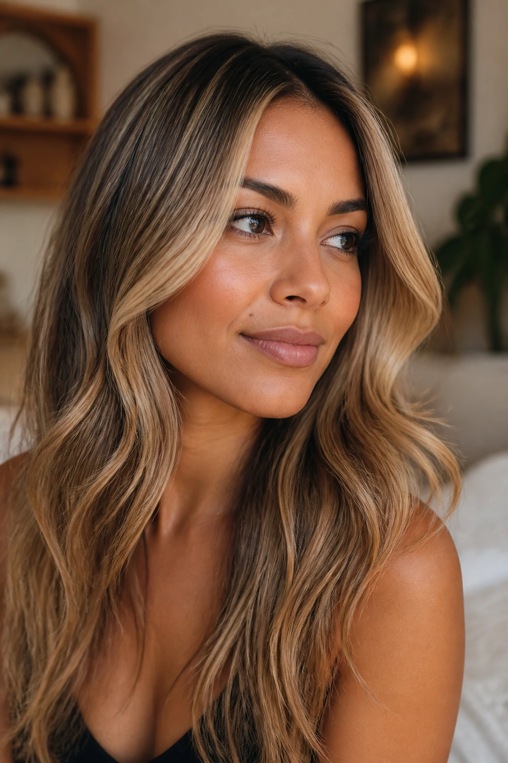 Olive-skinned woman with honey ribbon highlights in hair