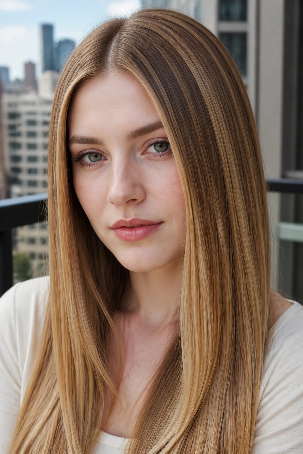 Close-up of straight hair with honey ribboning woven through the lengths.