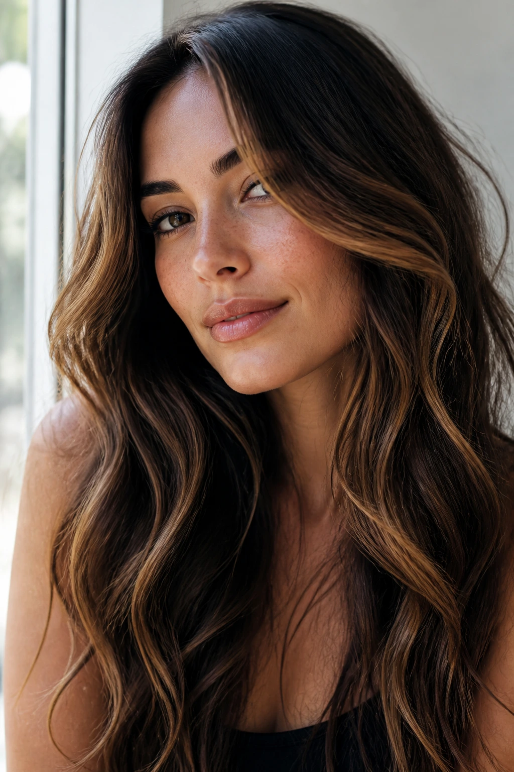 Close-up of olive-skinned woman's long waves with honey ribbons framing the face