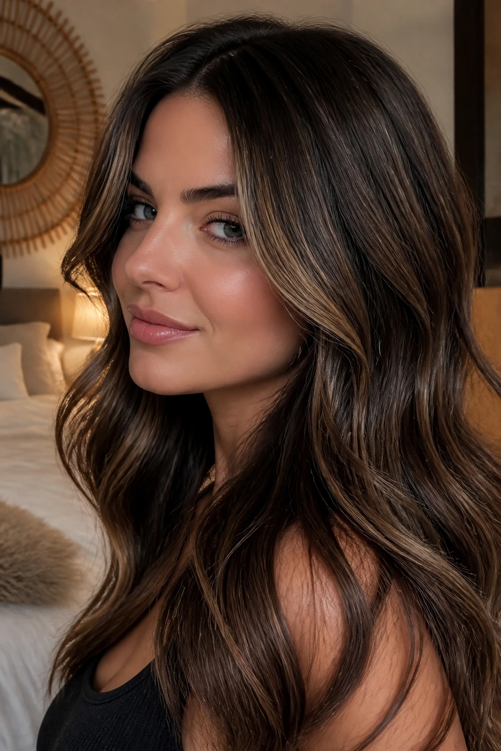 Portrait of a person with honey ribbons over chocolate brown hair