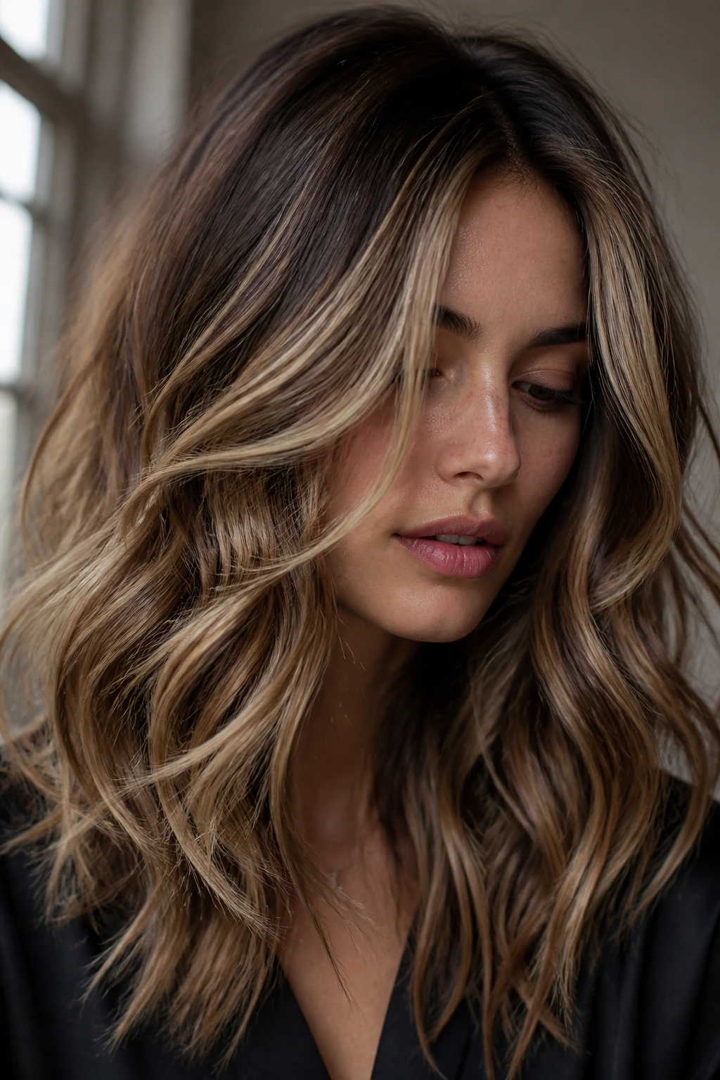 Hair with varied honey ribbons on a real person in natural light