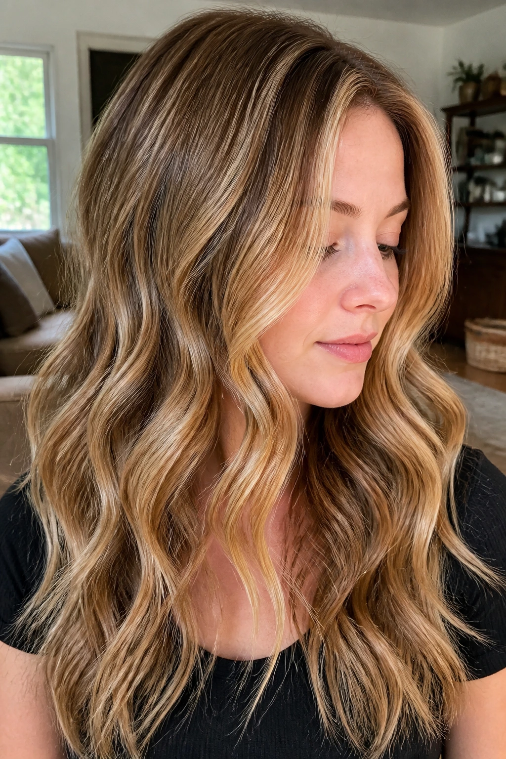 Close-up of a real woman's wavy hair with honey-toned ribbons woven through mid-lengths