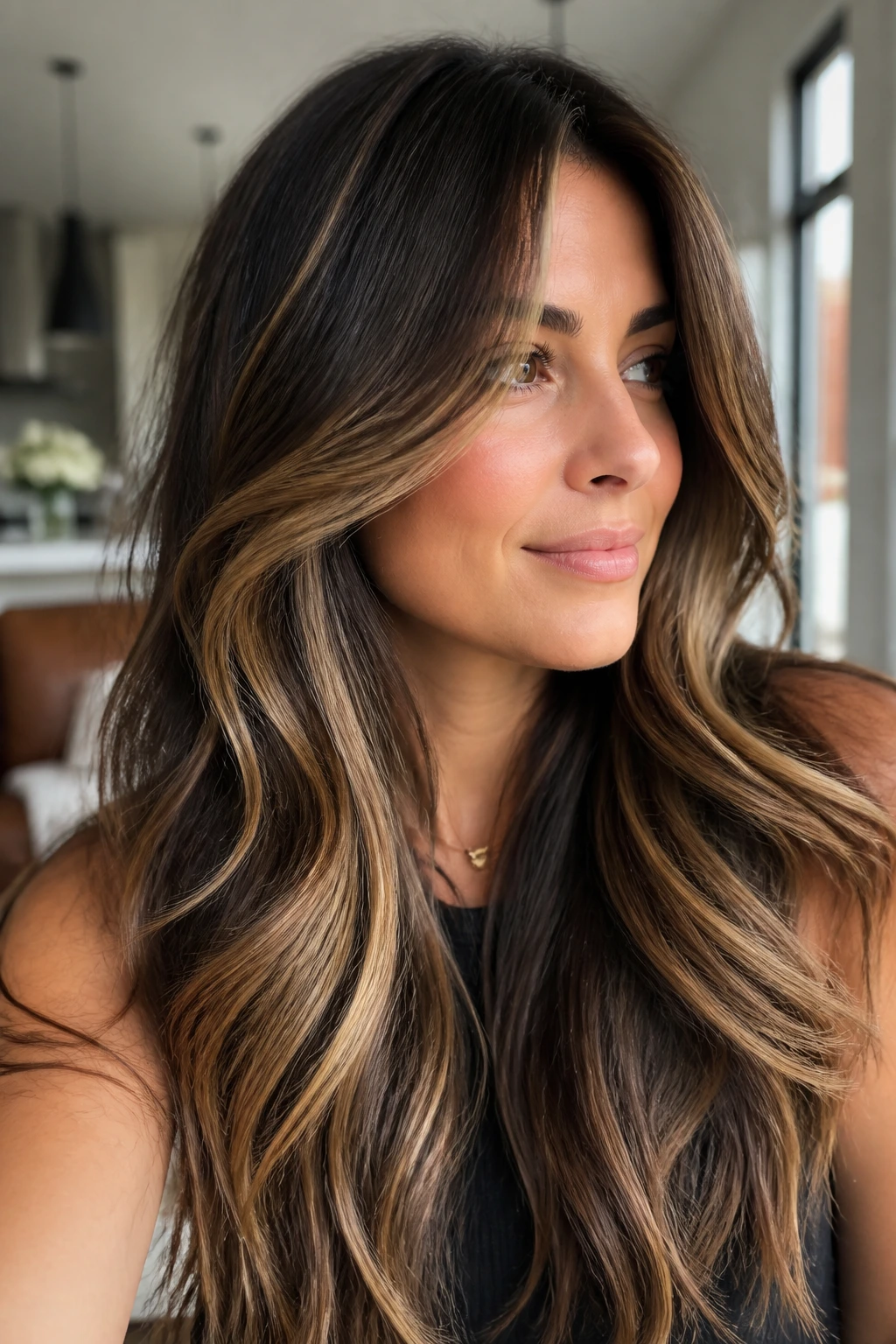 Portrait of a real woman with honey ribbons through long layered hair framing the face.