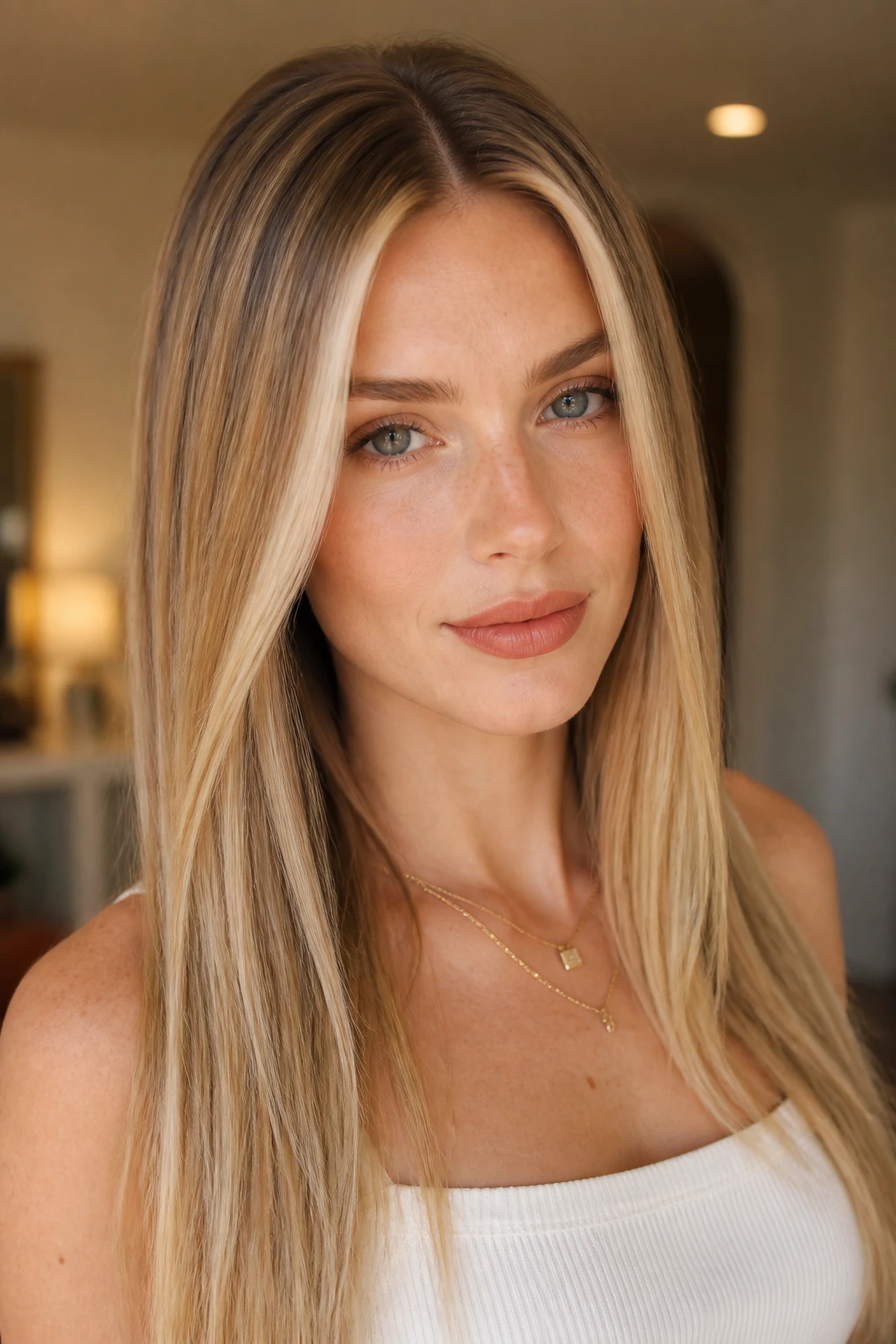 Portrait of a real woman with straight hair showing honey ribbon highlights