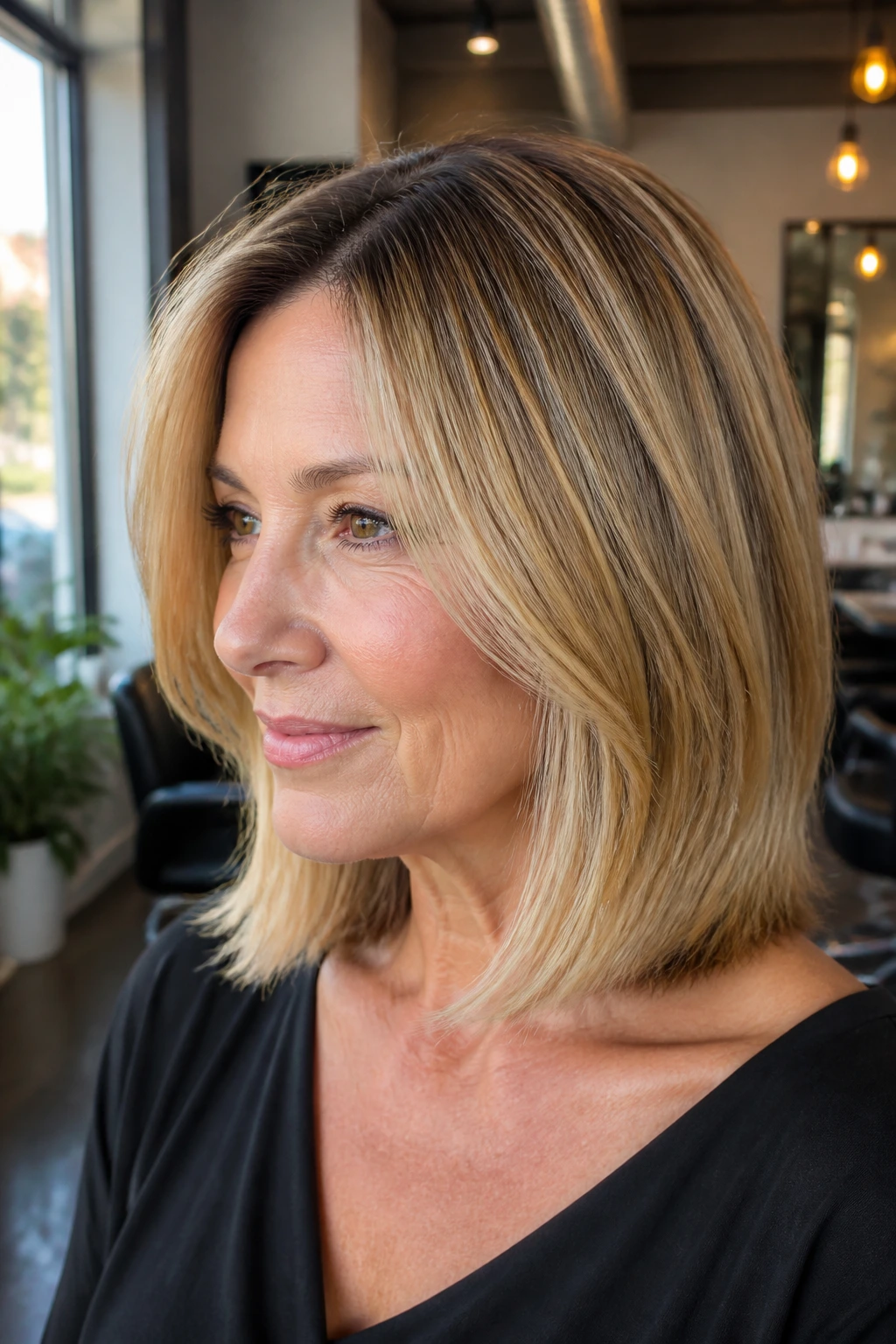Close-up of real woman with honey-blonde mid bob and soft layers