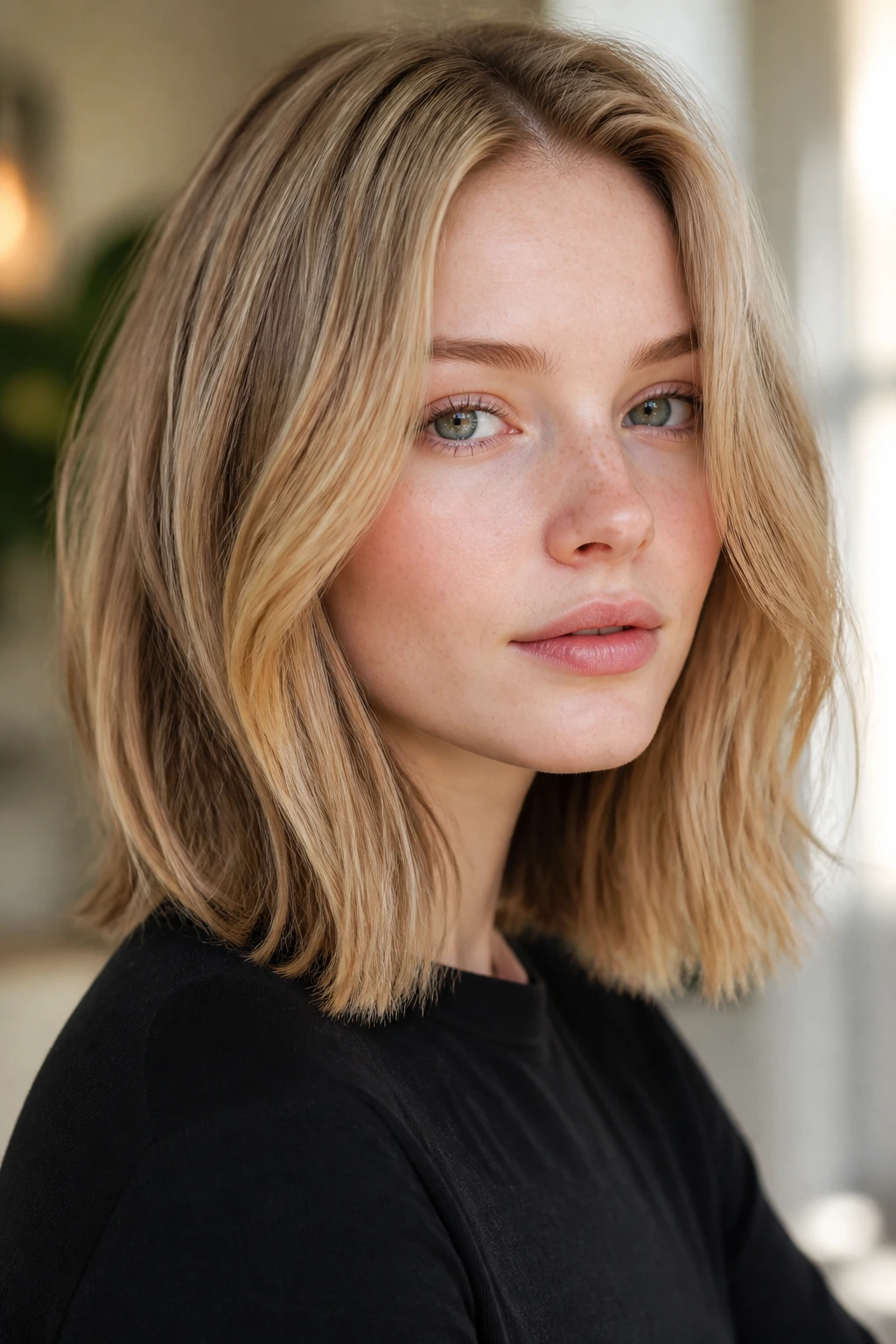 Pale-skinned woman with honey-sand blonde lob haircut