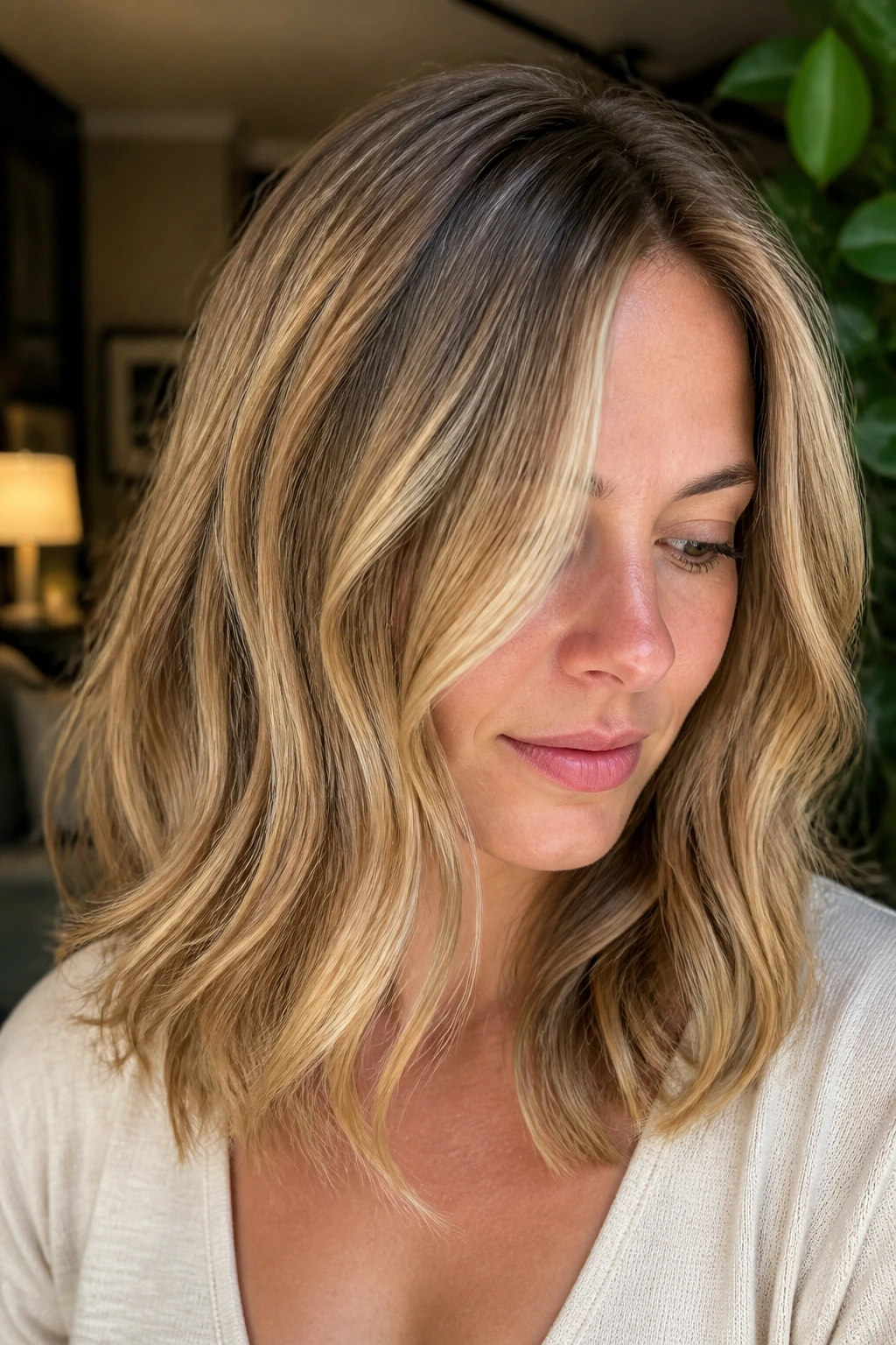 Hair with fine honey-sand ribbon highlights on pale skin