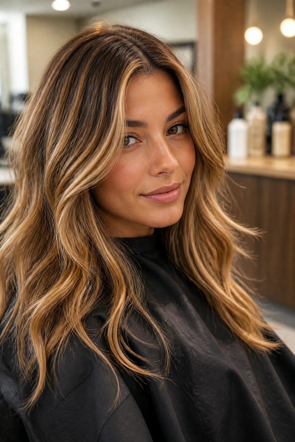 Real-person portrait in a salon chair with honey hair shade and warm undertones