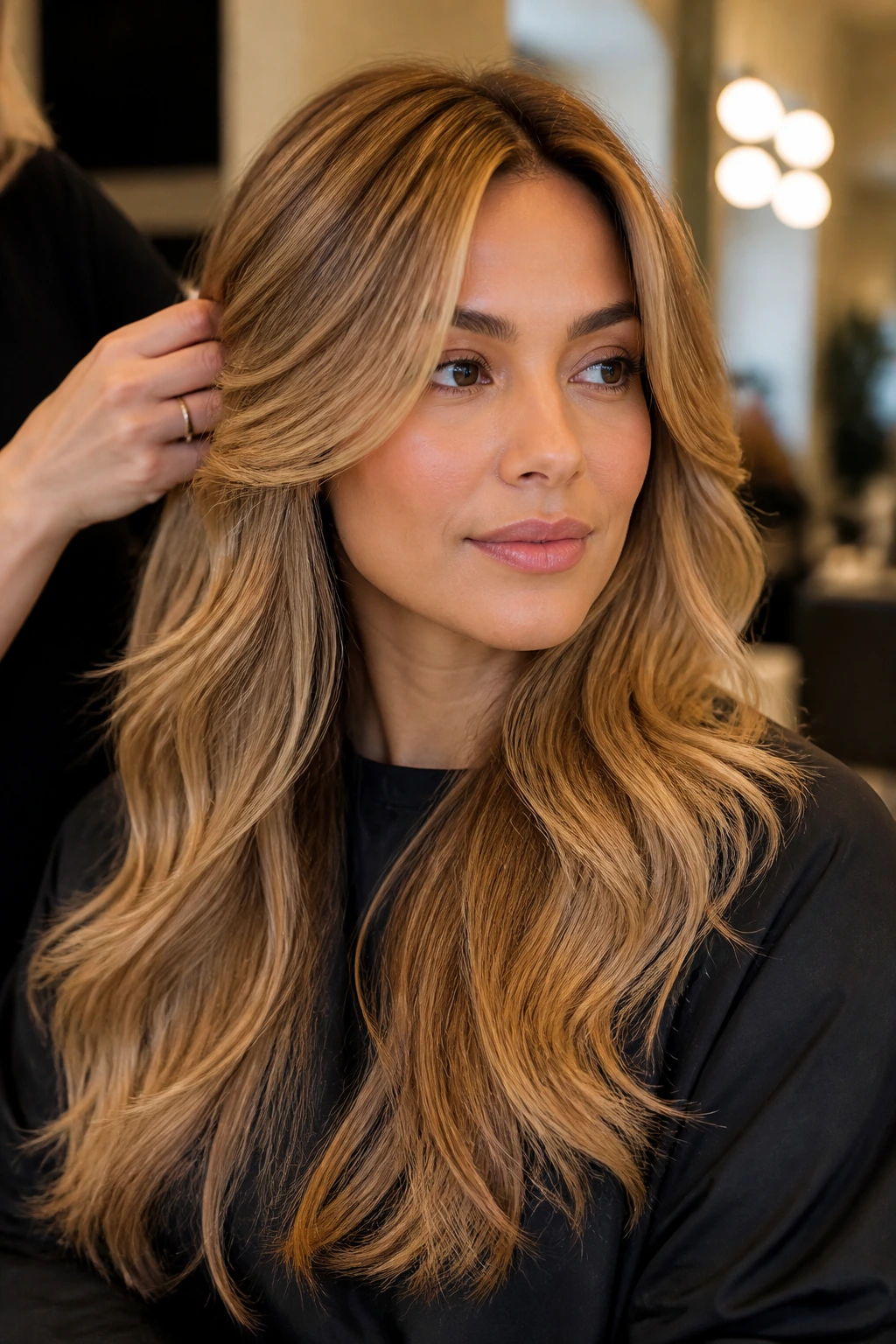 Portrait of a client in salon with honey shade hair.