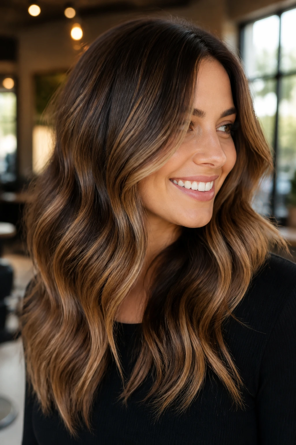 Close-up of brunette hair with honey shades and root depth