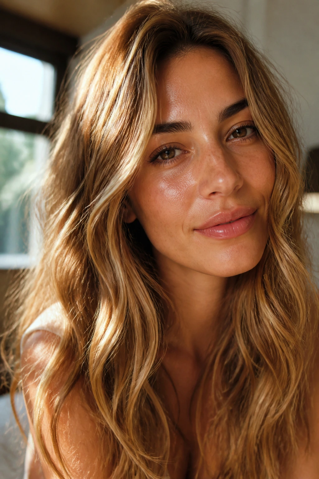 Close-up portrait of a real woman with honey shades hair color