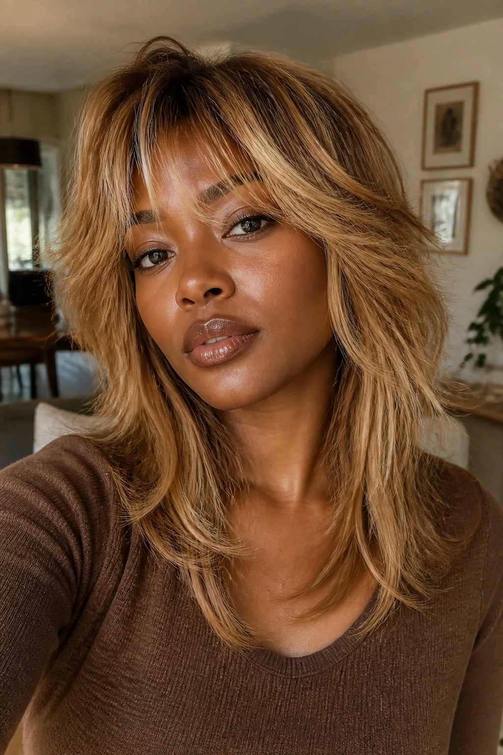 Real person with honey blonde shag and airy layers on deep skin, natural daylight