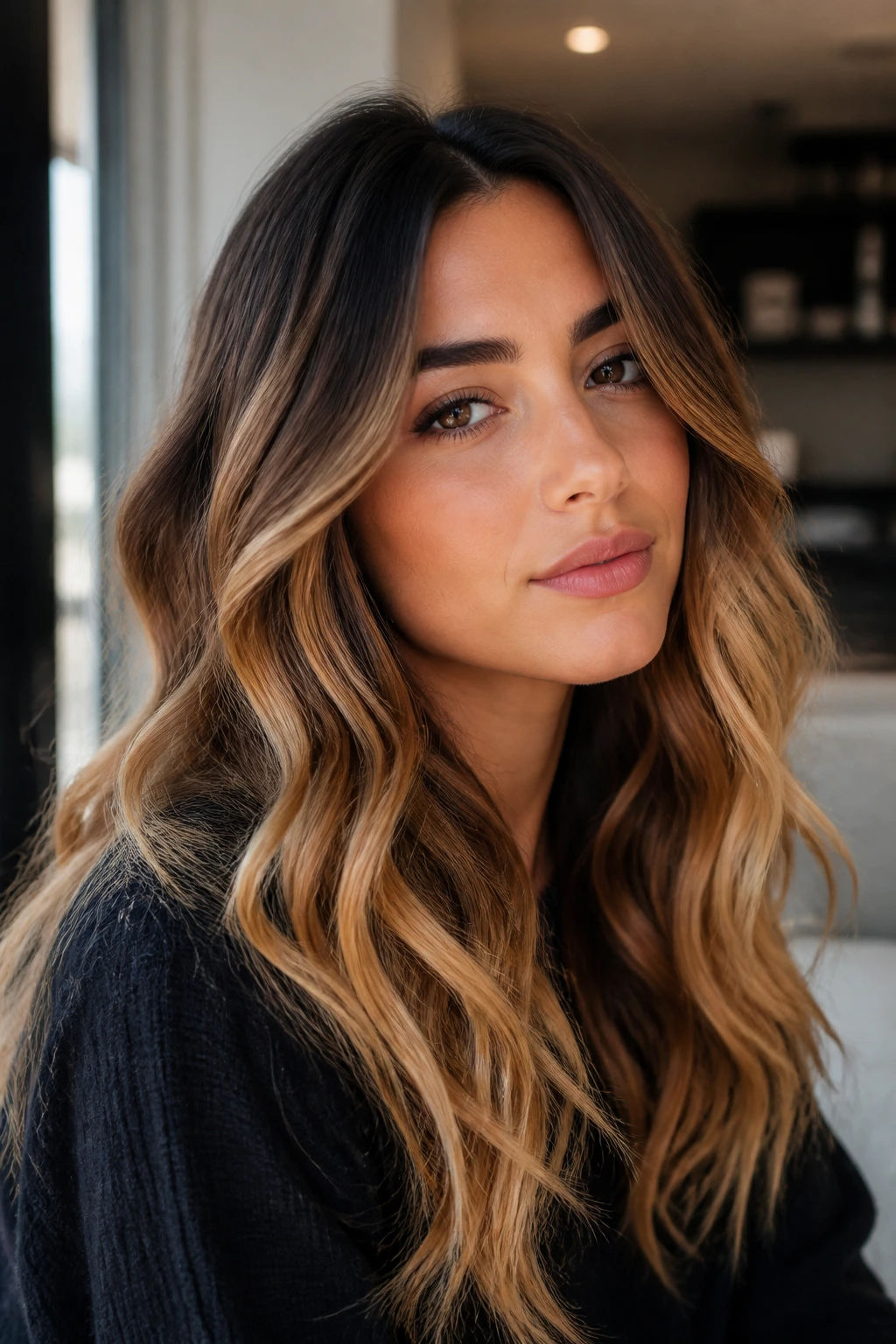 Portrait of woman with honey-soft ombre blending warm tones on olive skin