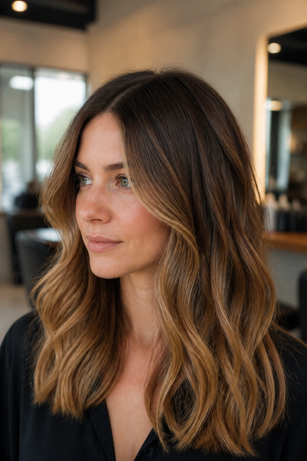 Close-up portrait of a real woman with soft sombre balayage from roots to ends.