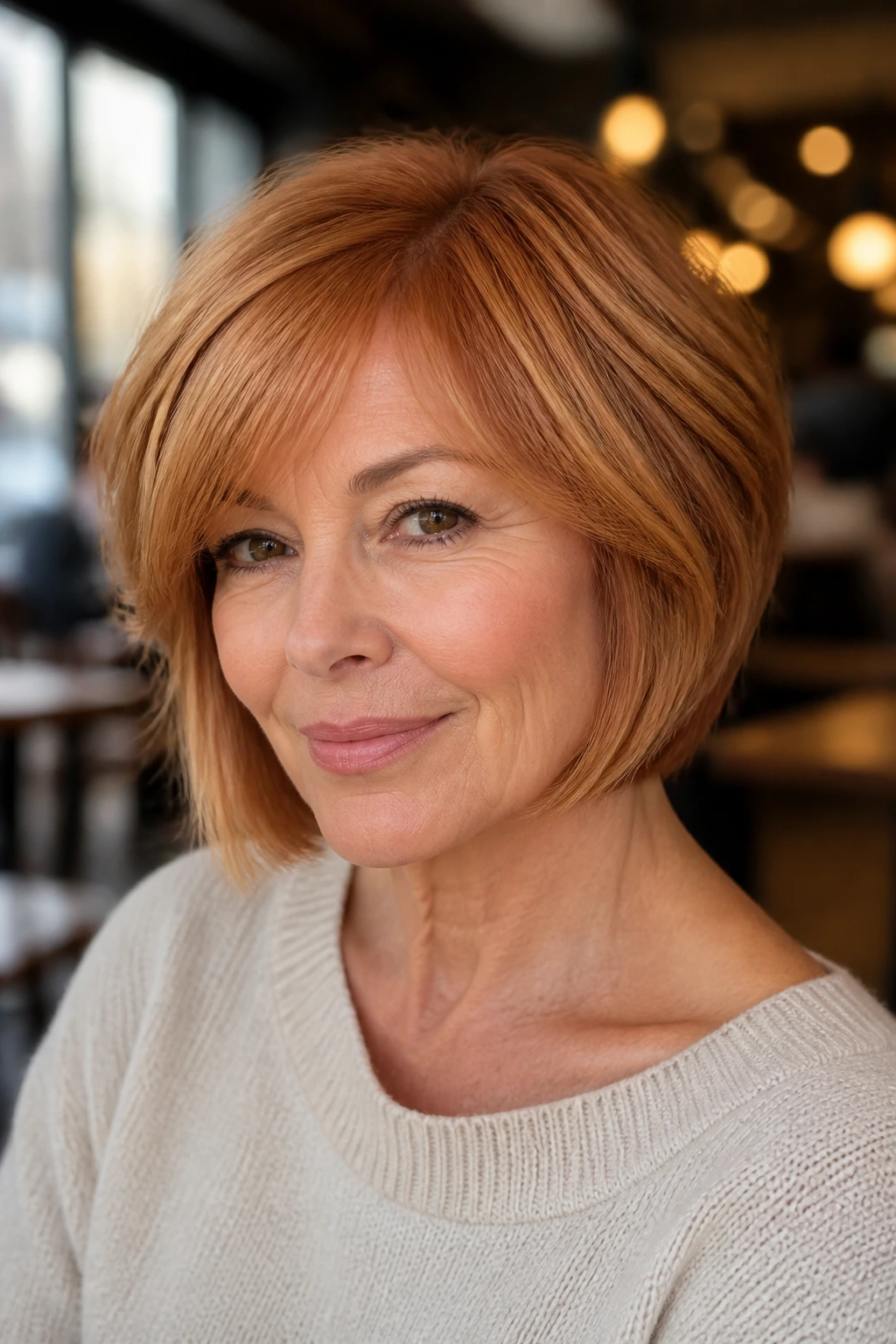 Portrait of a woman with honey strawberry bob