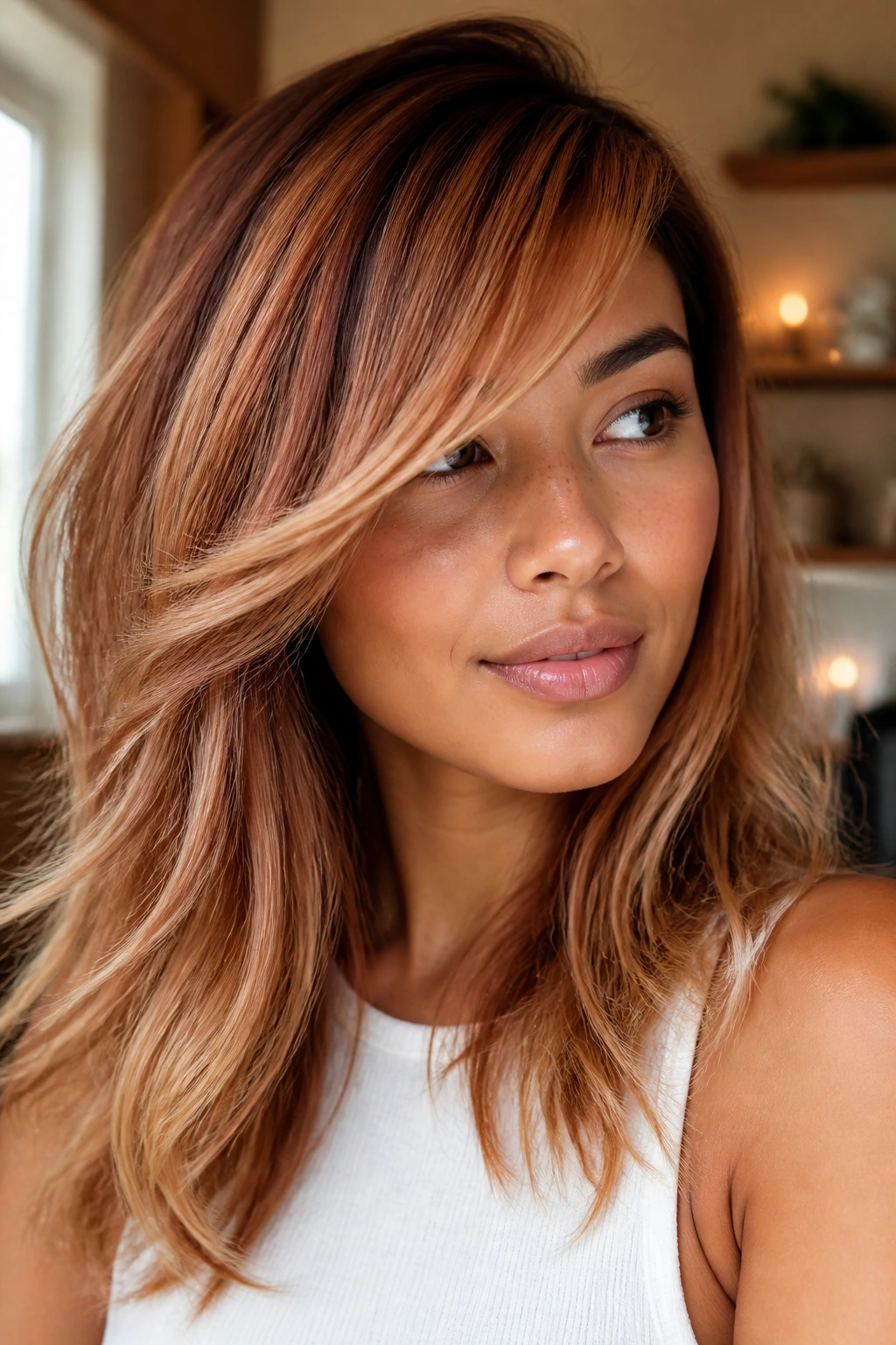 Close-up of a real woman's side-swept fringe with honey-strawberry balayage on tan skin