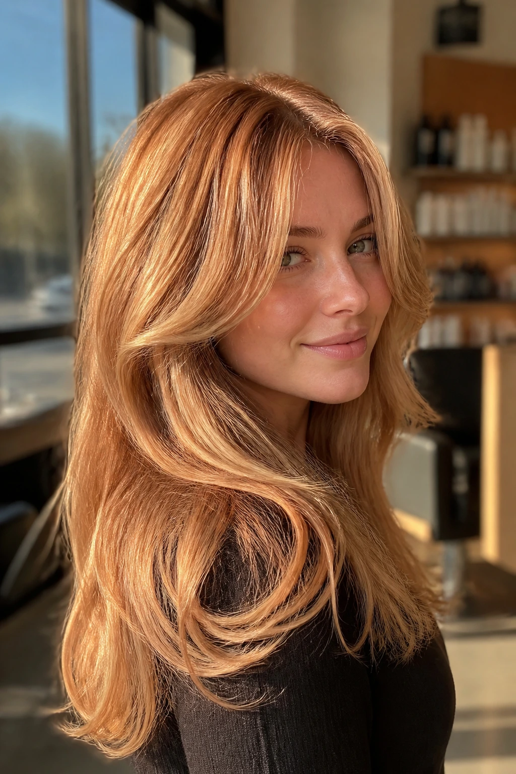 Close-up of layered hair with honey-glazed strawberry color on a real person in a sunny salon
