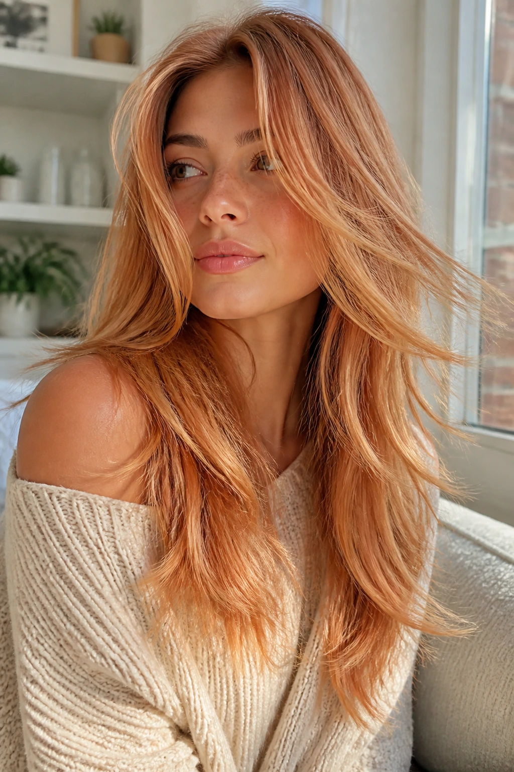 Close-up portrait of a real person with honey strawberry layered hair on olive skin in sunlit light
